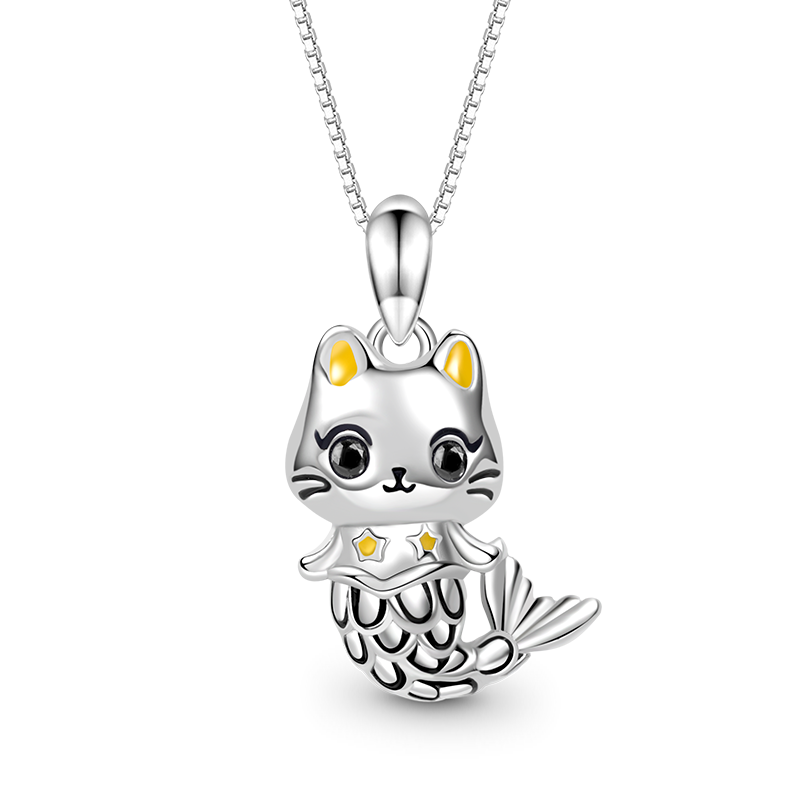 Gnoce Cute Cat Mermaid Necklace Platinum-plated Silver Blend_1