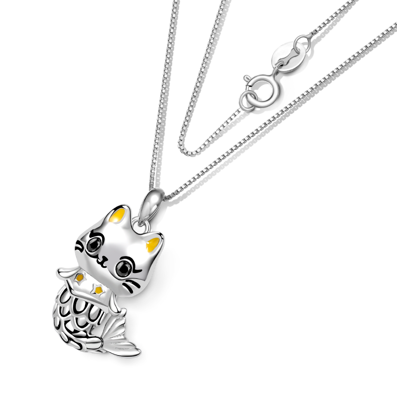 Gnoce Cute Cat Mermaid Necklace Platinum-plated Silver Blend_2