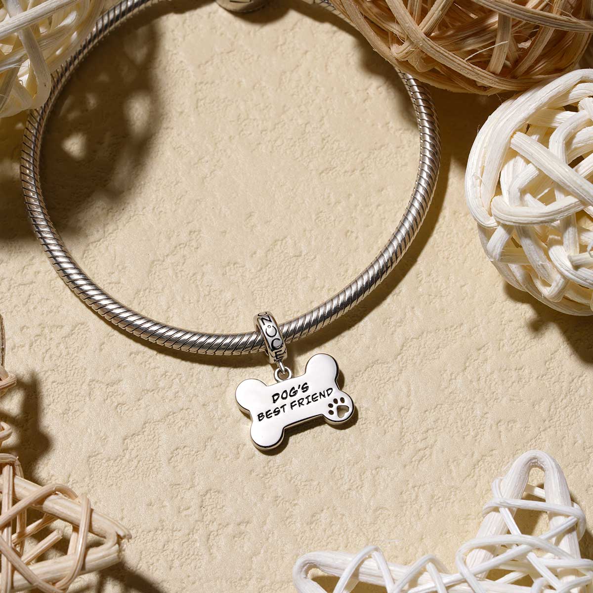 Gnoce "Dog Loves Bone" Engravable Charm Platinum-plated Silver Blend_2