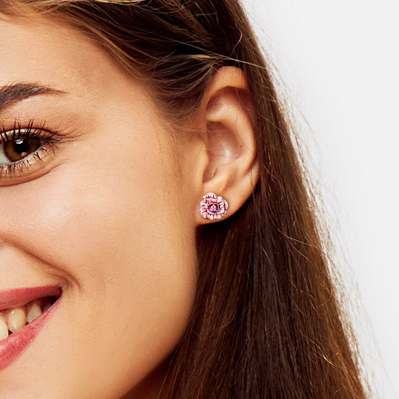 Gnoce Pink Rose Flower Stud Earrings Platinum-plated Silver Blend_4