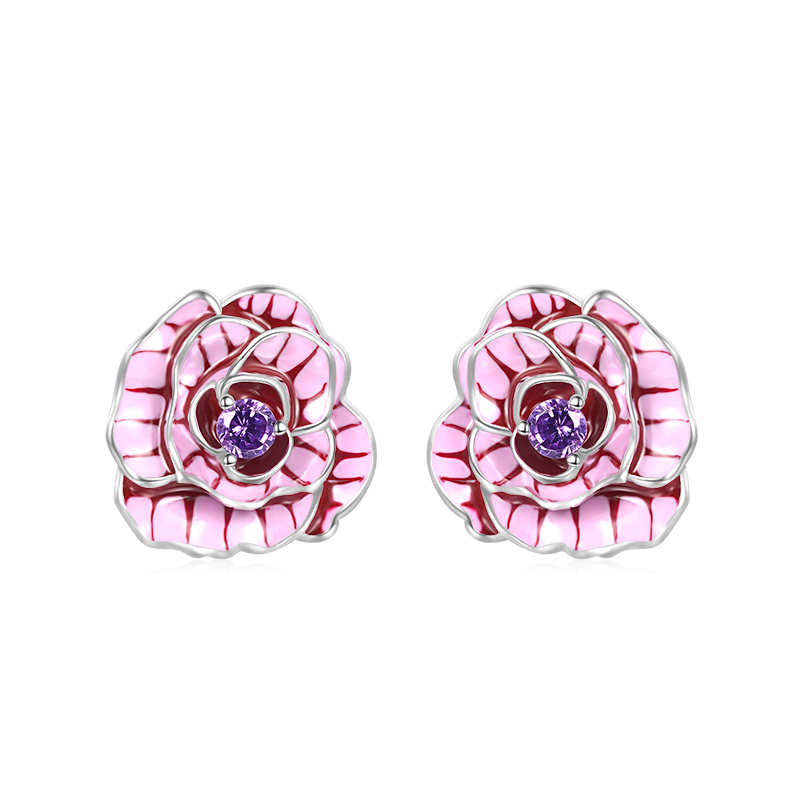 Gnoce Pink Rose Flower Stud Earrings Platinum-plated Silver Blend_1