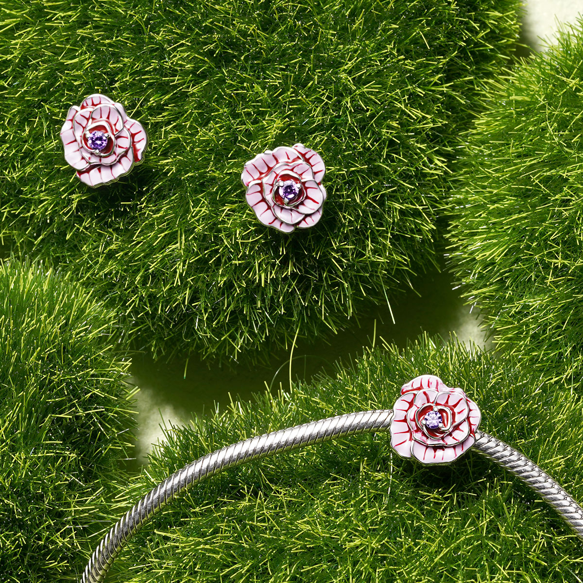 Gnoce Pink Rose Flower Charm Platinum-plated Silver Blend_3
