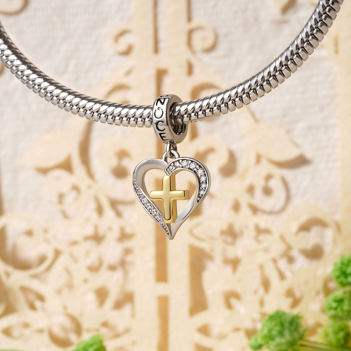 Gnoce Love Heart Cross Charm Platinum-plated Silver Blend_3