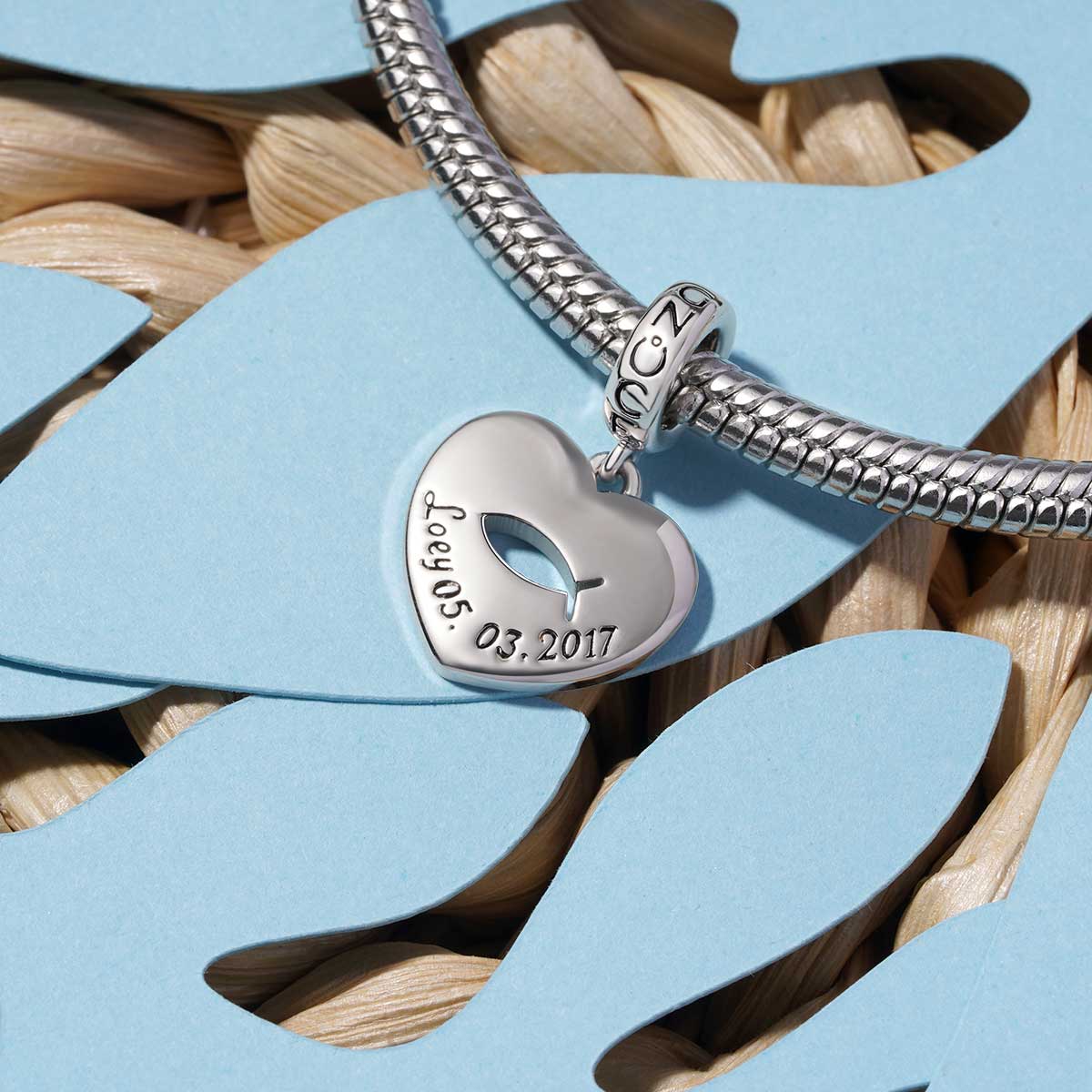 Gnoce Engravable Jesus Fish Birthday Name Charm Platinum-plated Silver Blend_3