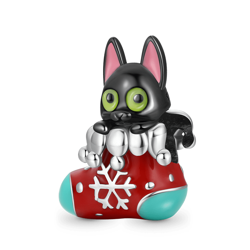 "Black Cat on Christmas Stocking" Charm Bead 925 Sterling Silver_1