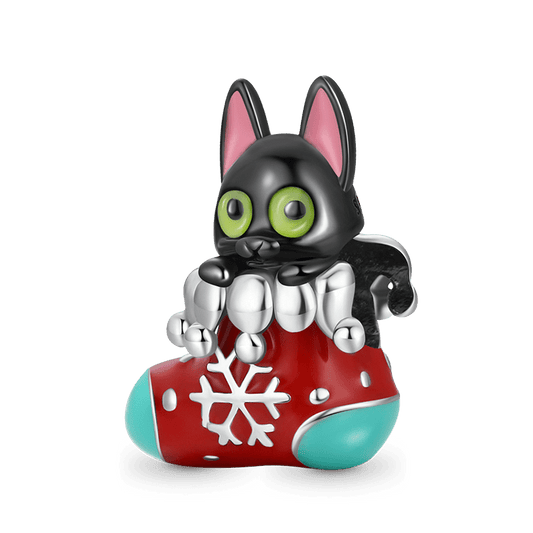 "Black Cat on Christmas Stocking" Charm Bead 925 Sterling Silver_1