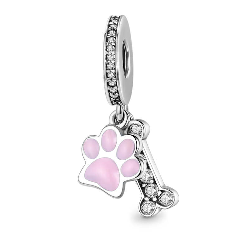 Paw & Bone Pendant Dangle Charm 925 Sterling Silver Inlaid with Crystal Gemstones_1