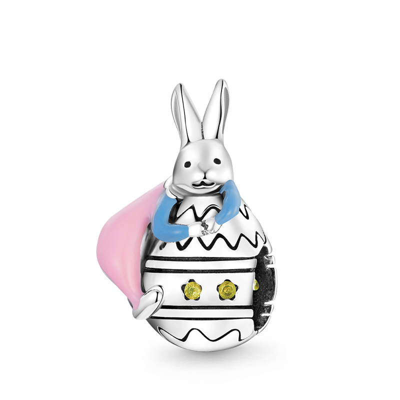 Cute Bunny Holding Easter Egg Charm Bead 925 Sterling Silver_1