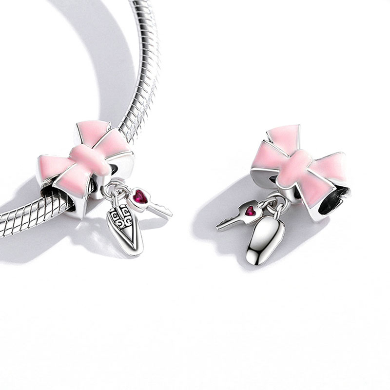 Bow Car Key Pendant Dangle Charm 925 Sterling Silver with Pink Enamels_2