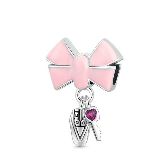 Bow Car Key Pendant Dangle Charm 925 Sterling Silver with Pink Enamels_1
