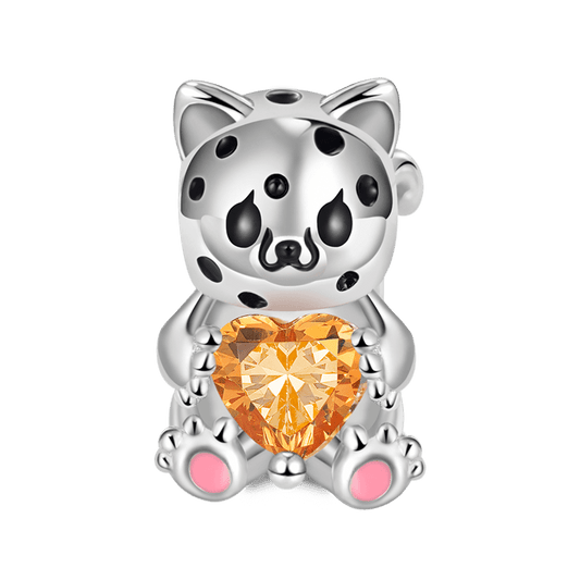 Little Leopard Embraces Heart Gemstone Charm Bead 925 Sterling Silver with Black Enamels_1