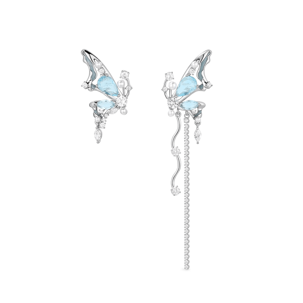 Gnoce Blue Crystal Butterfly Tassel Asymmetric Ear Clips_1