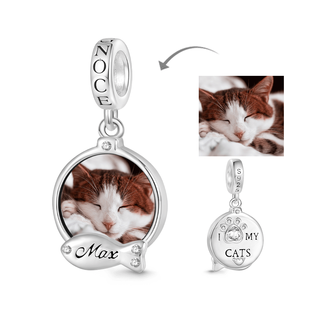 Gnoce Engravable Fish Cat Lover Photo Charm Platinum-plated Silver Blend_1