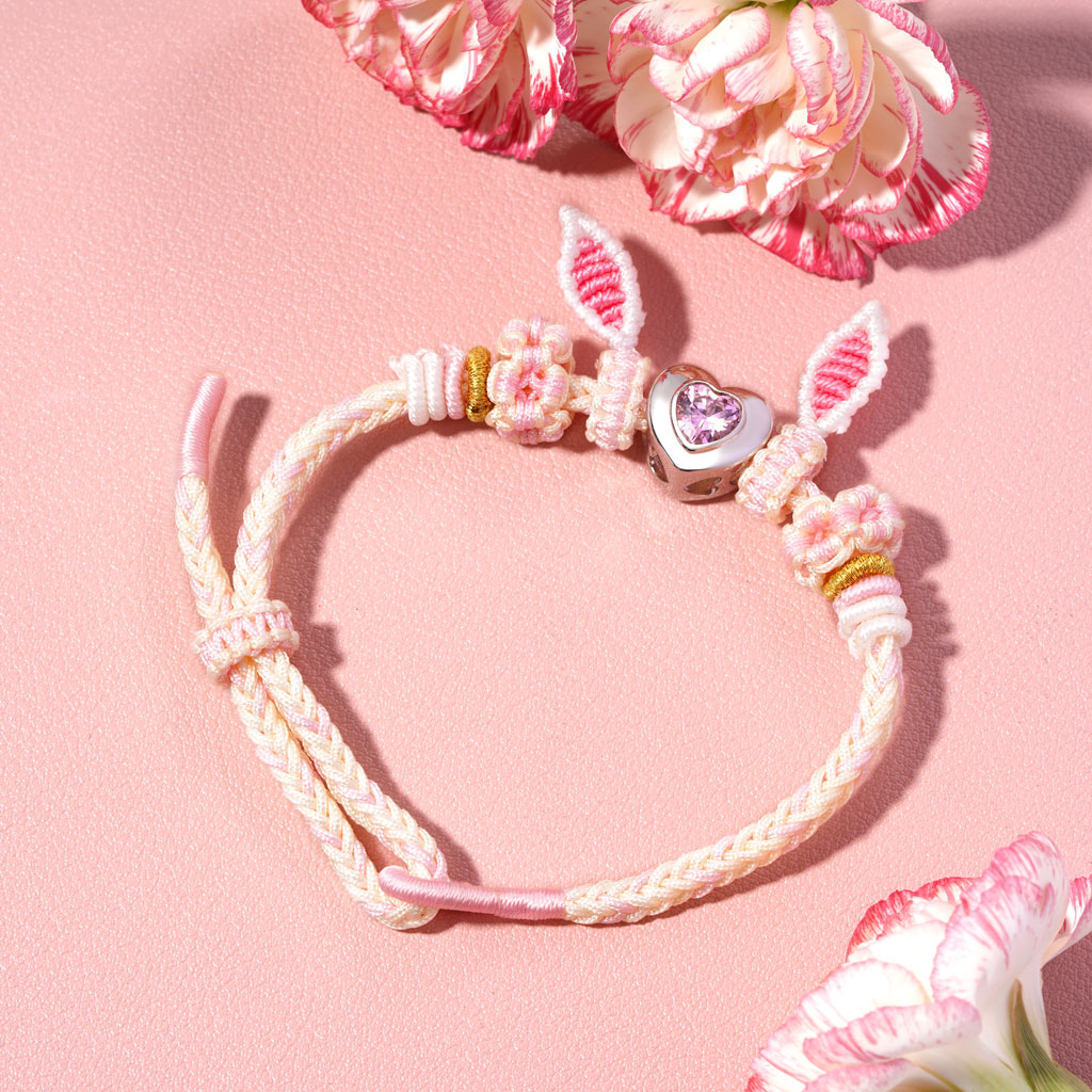 Gnoce Rabbit Ears Detachable Hand-woven Bracelet with Heart Birthstone Charm_3