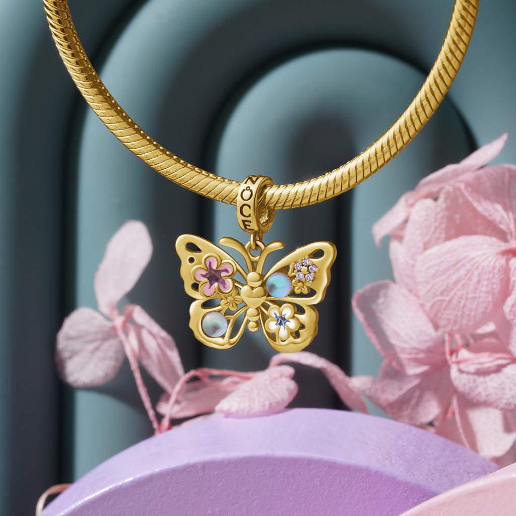 Gnoce 18K Gold Plated Sparkling Flying Butterfly Moonstone Pendant Dangle Charm_3