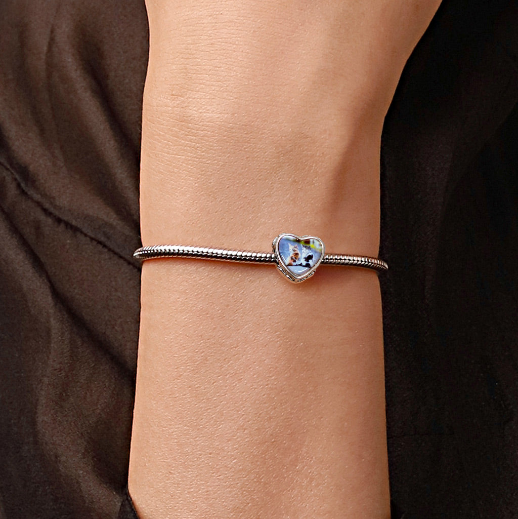 Gnoce 'When Cat Fall in Love with Fish' Made of 925 Sterling Silver Heart Cute Animal Cat Shape Photo Charm_2