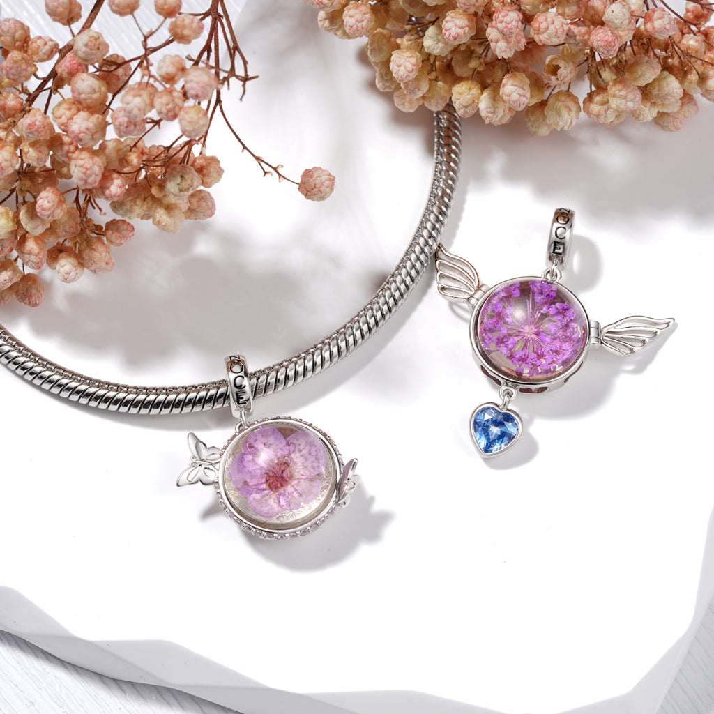 Gnoce Engravable Preserved Flower Butterfly Birthstone Pendant Dangle Charm_3