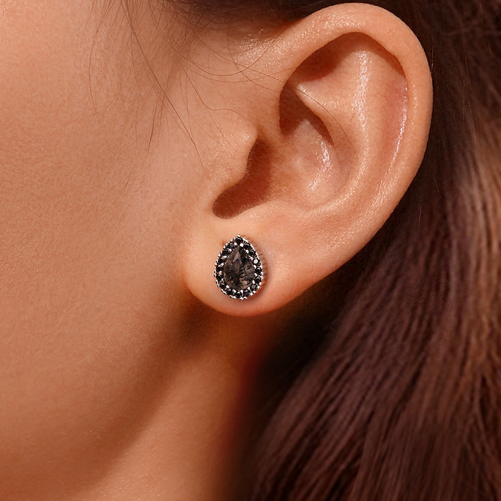 Gnoce Pear Black Rutilated Quartz Stud Earrings_5