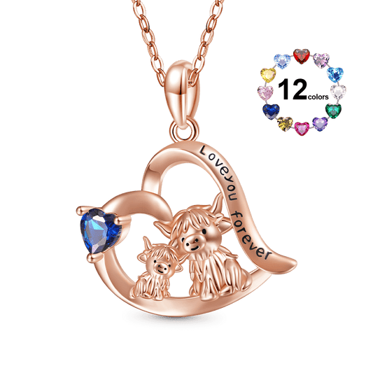 Gnoce "I love you forever" Highland Cow Heart Birthstone Necklace_1