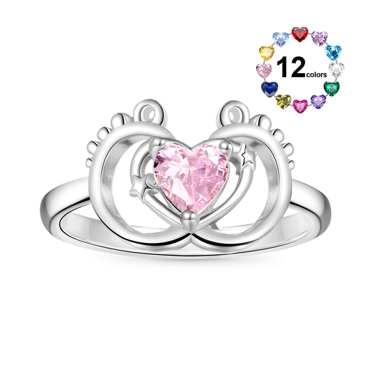 Gnoce Baby Footprint Heart Birthstone Ring_1