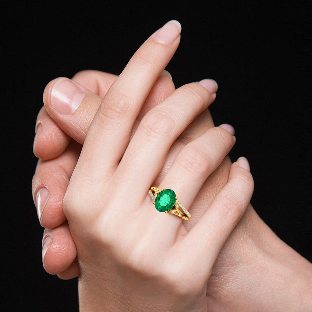 Gnoce Emerald Oval-cut Vintage Split Shank Engagement Birthstone Ring_7