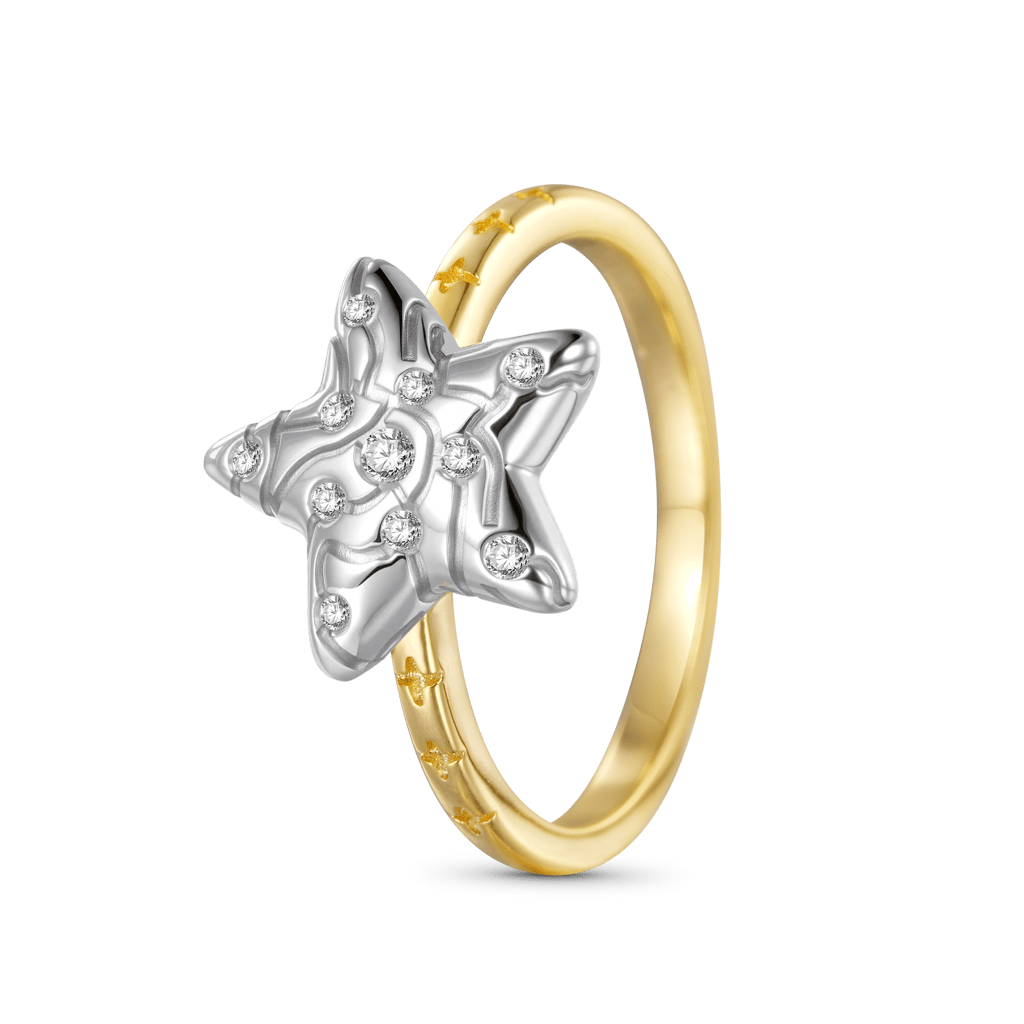 Gnoce Micro-inlay Rhinestone Pentagram Ring Platinum-plated Silver Blend_2