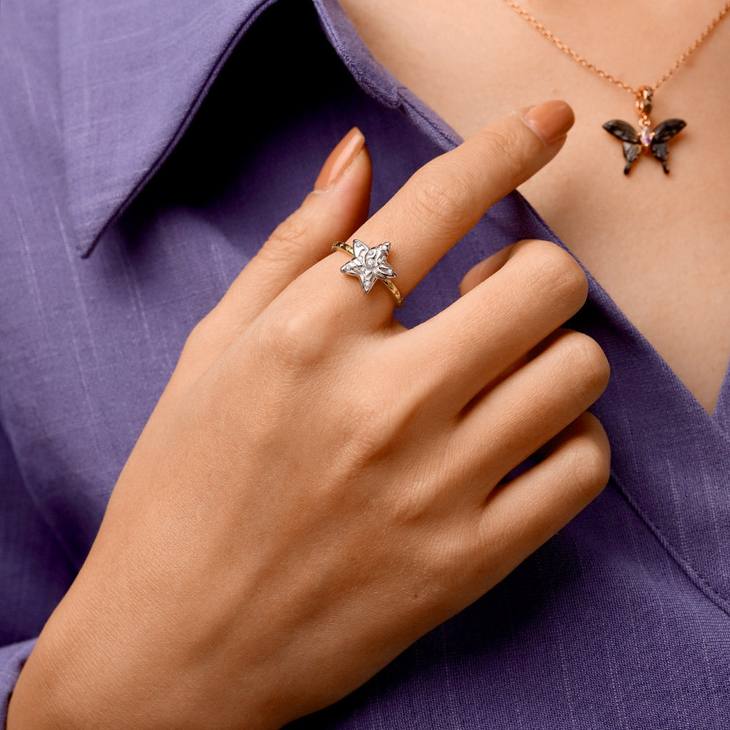 Gnoce Micro-inlay Rhinestone Pentagram Ring Platinum-plated Silver Blend_4