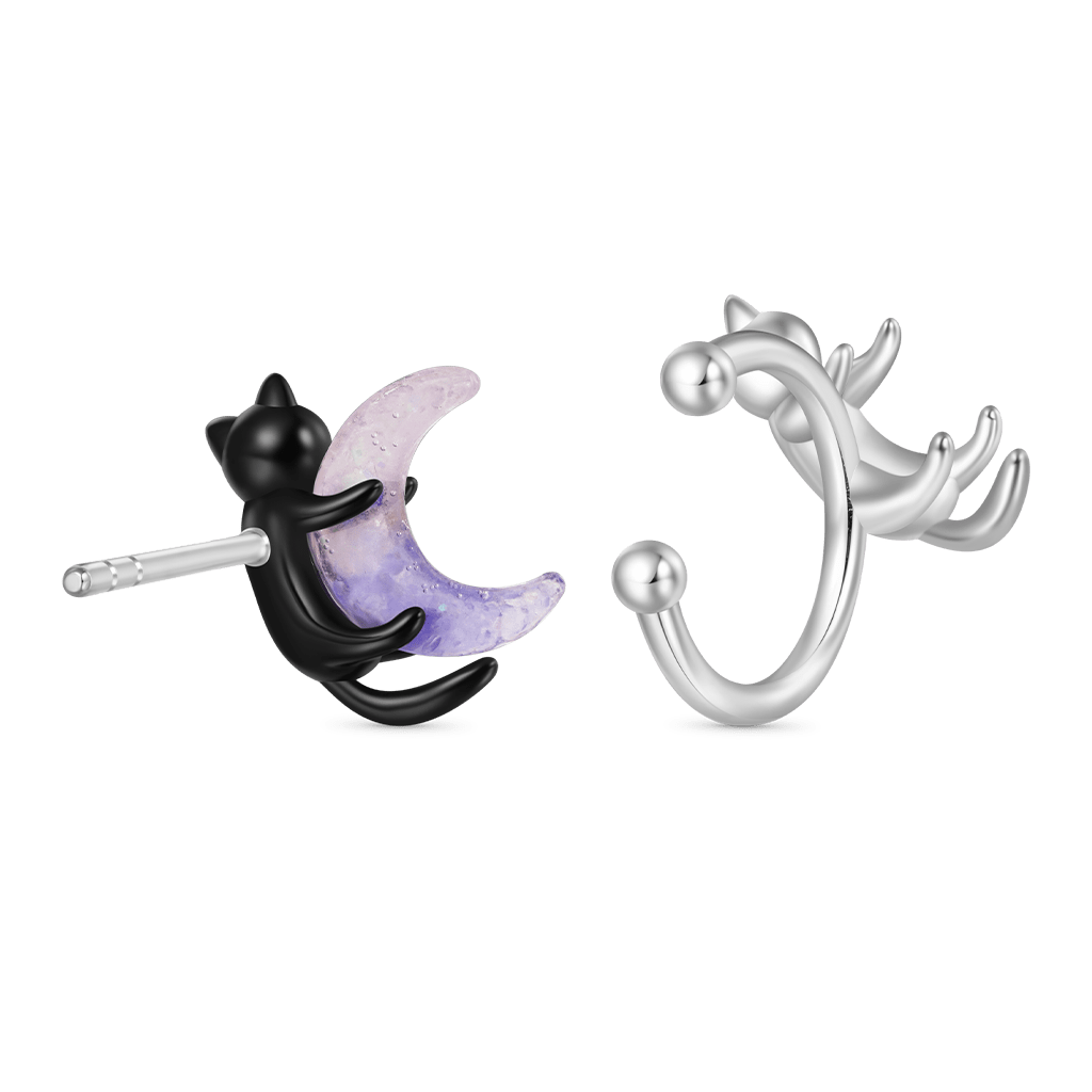 Gnoce Black Cat Embracing Moon Cat Asymmetrical Ear Clips Platinum-plated Silver Blend_2