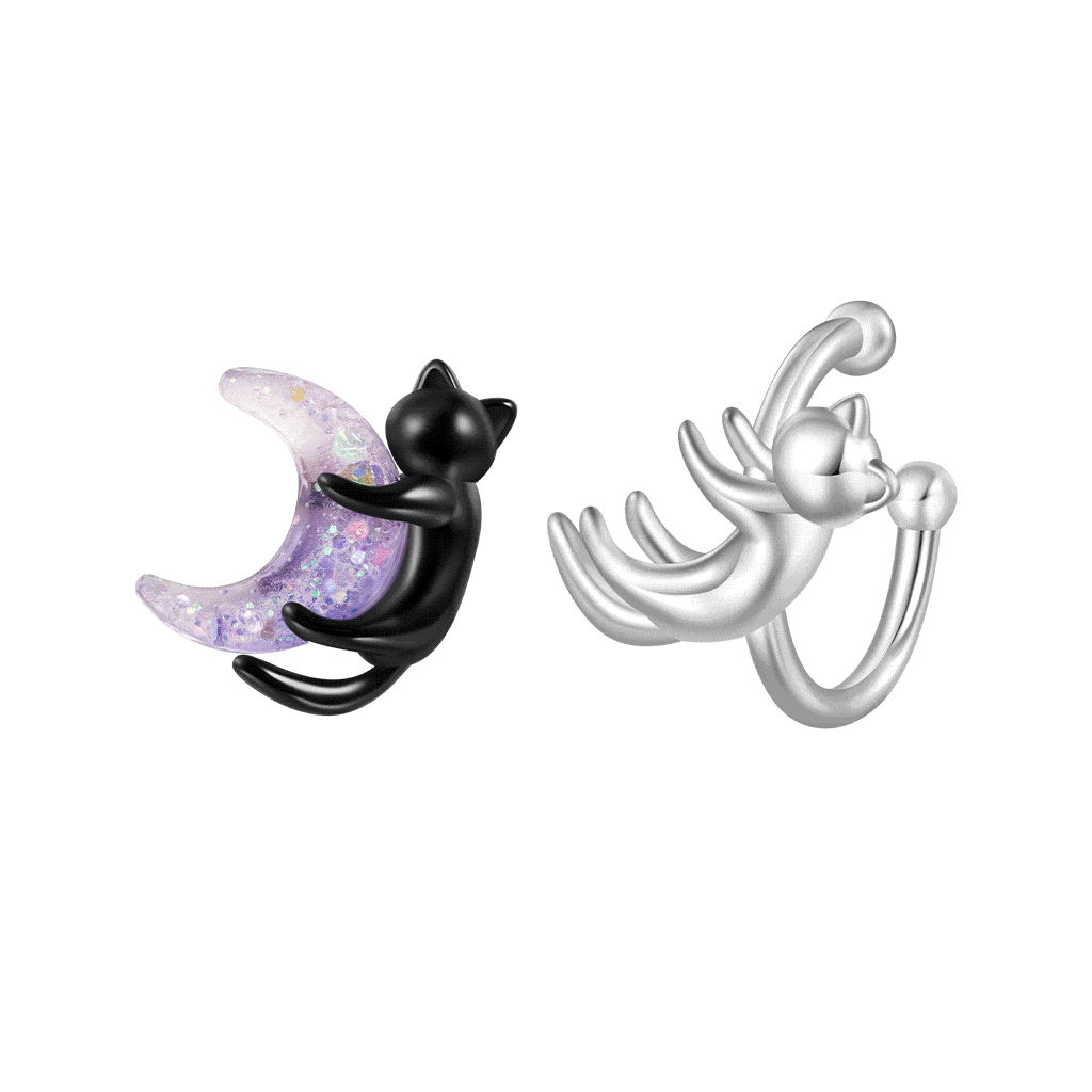 Gnoce Black Cat Embracing Moon Cat Asymmetrical Ear Clips Platinum-plated Silver Blend_1