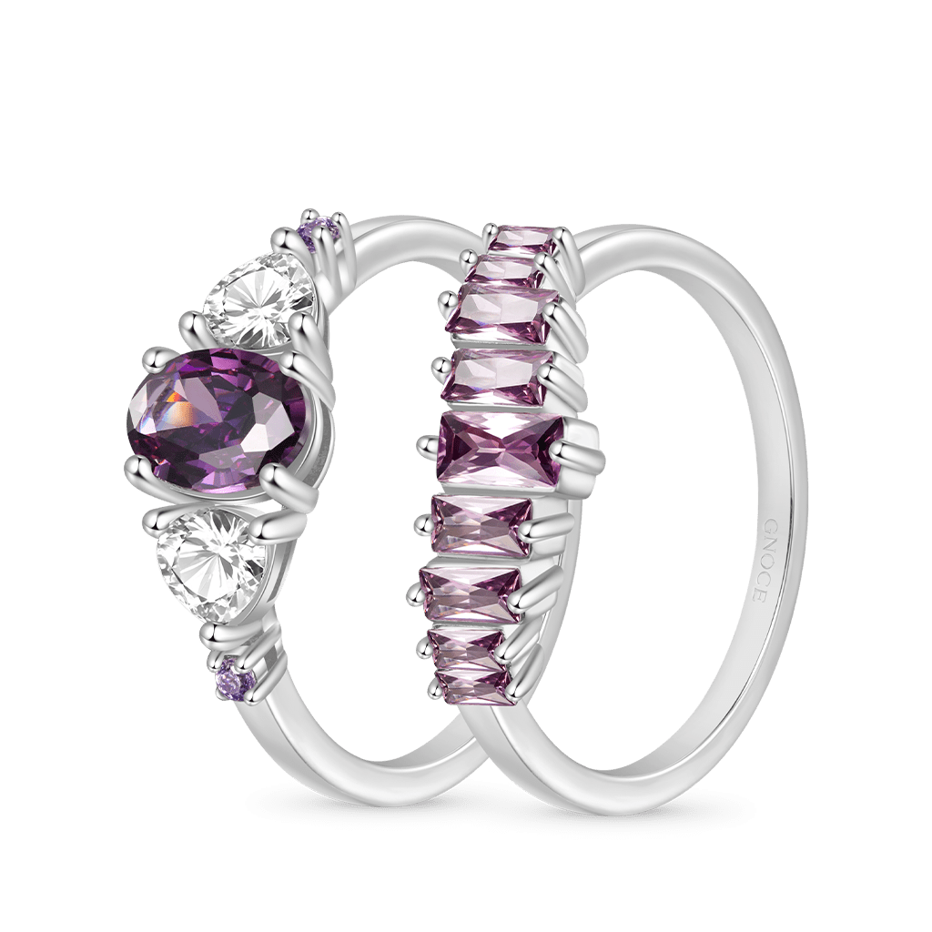 Gnoce Egg-cut Fuchsia Rectangle Stones Stacking Ring Set_2