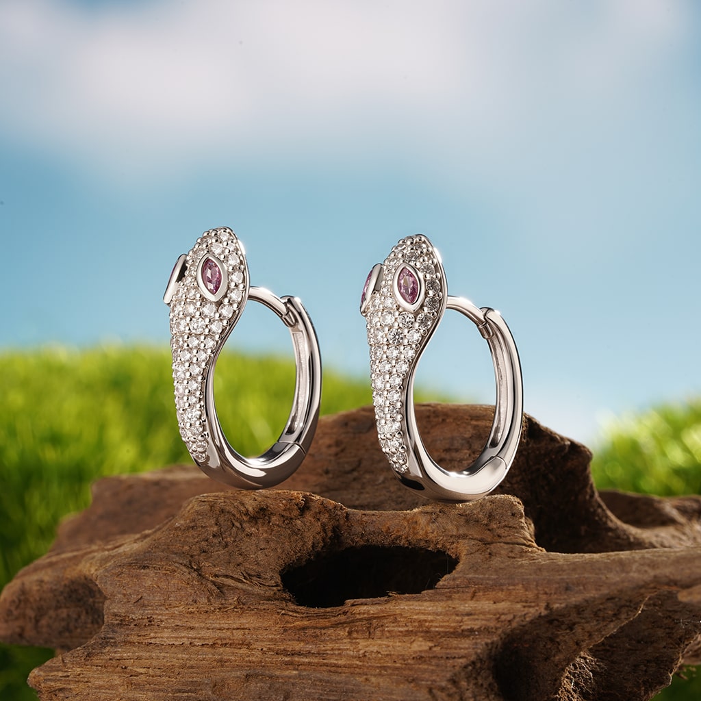 Gnoce White Diamond Snake Huggie Hoop Earrings Platinum-plated Silver Blend_3
