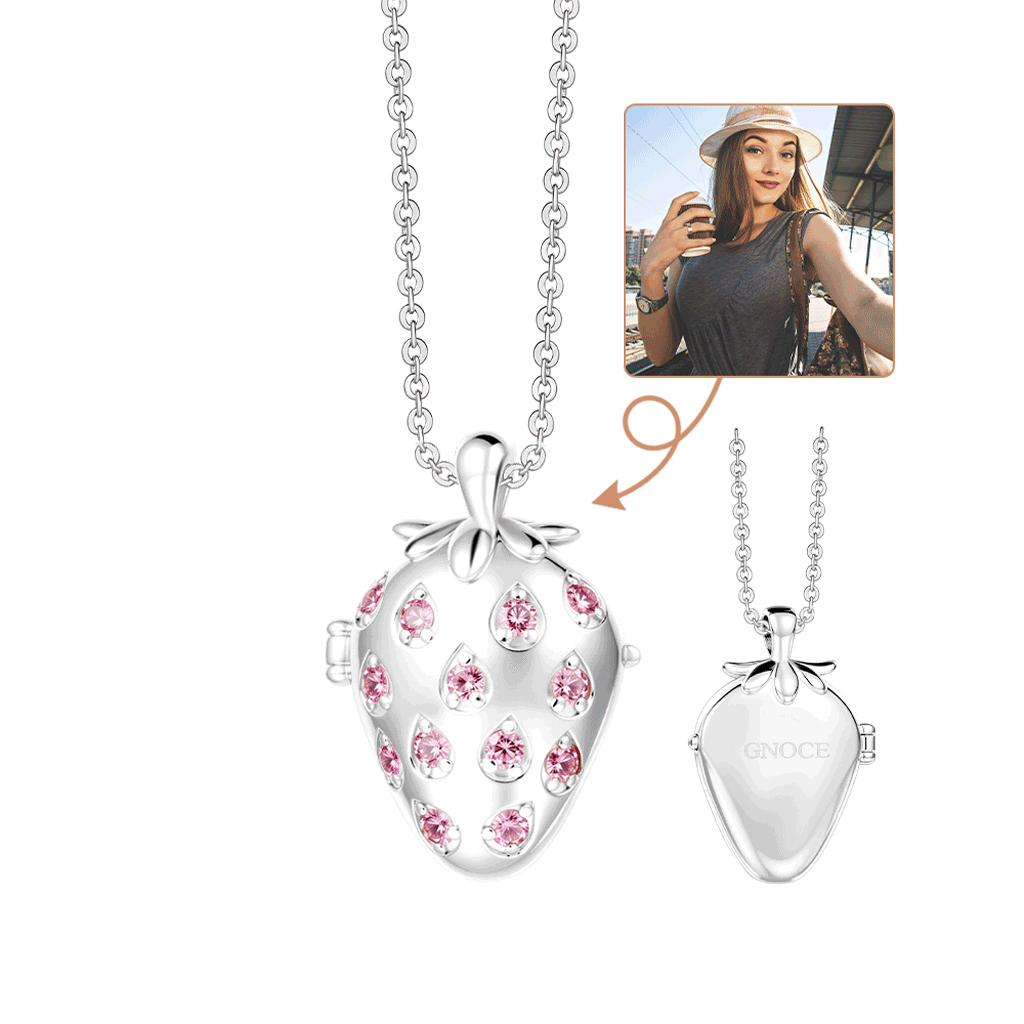Gnoce Custom Strawberry Photo Locket Necklace with Birthstone & Personalized Inscription_1