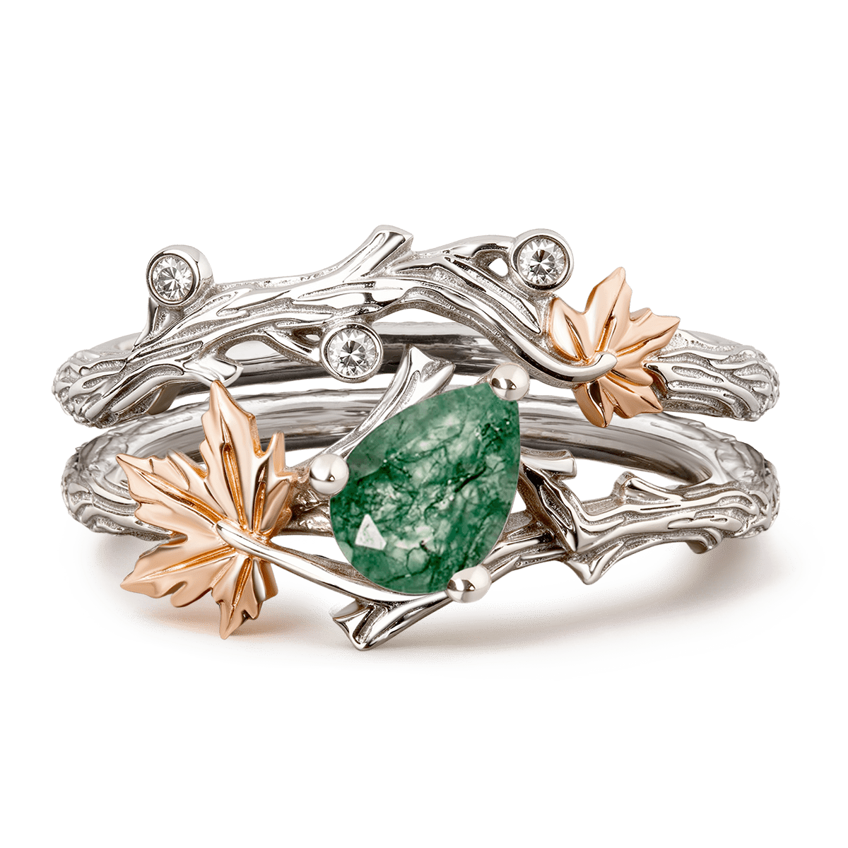 Gonce Nature-Inspired Vine & Leaf Moss Green Pear-Cut Ring Set Platinum-plated Silver Blend_1