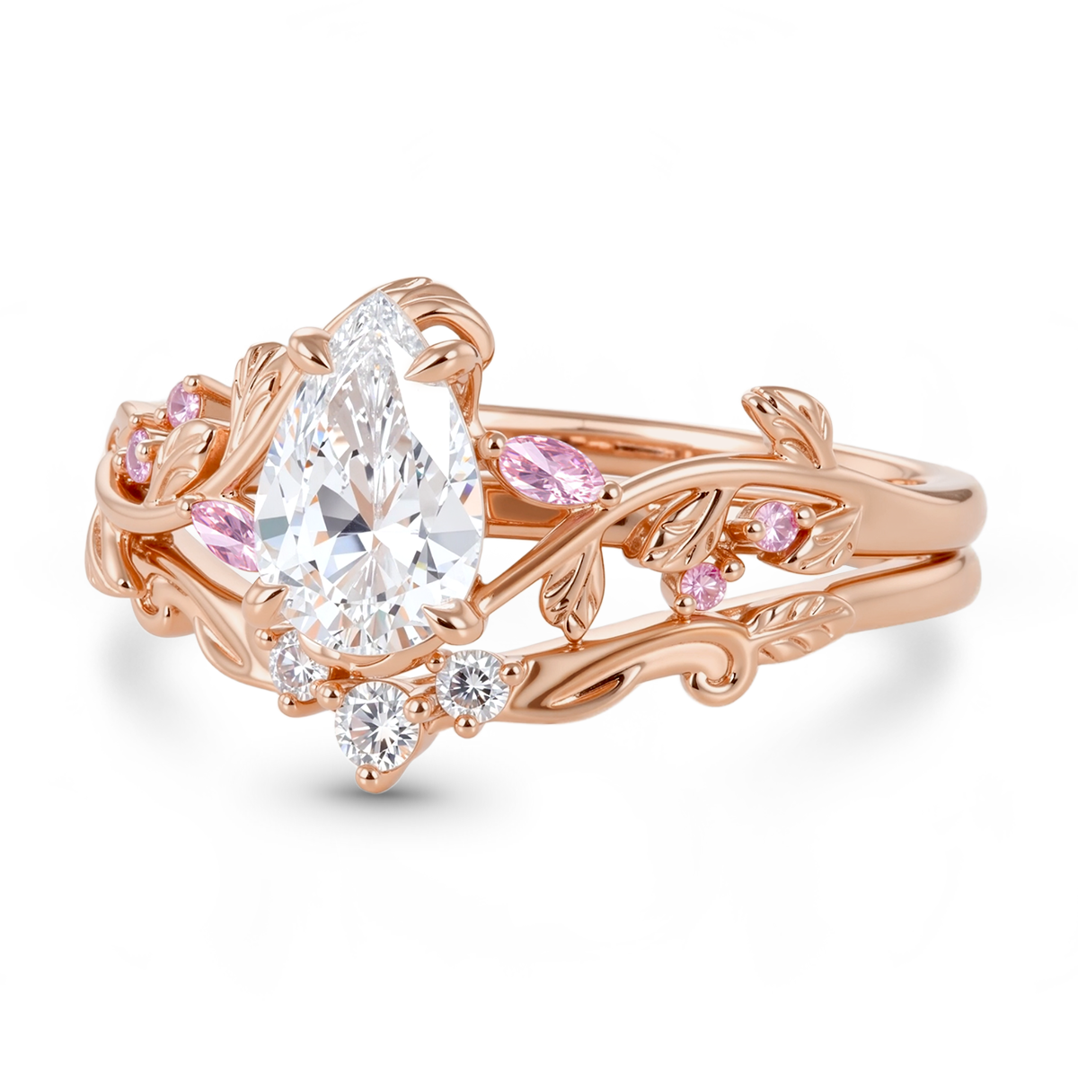 Gnoce Nature-Inspired Leaf Pear-Cut Engagement Ring Set_4