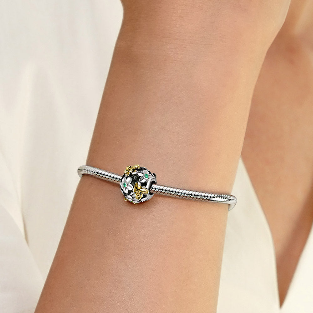 Gnoce  "Butterfly Love Flower" Silver Flower Gold Butterfly Plated Green Sapphire 925 Sterling Silver Nature Theme Bead_3