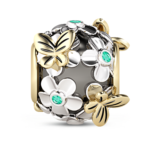Gnoce  "Butterfly Love Flower" Silver Flower Gold Butterfly Plated Green Sapphire 925 Sterling Silver Nature Theme Bead_1