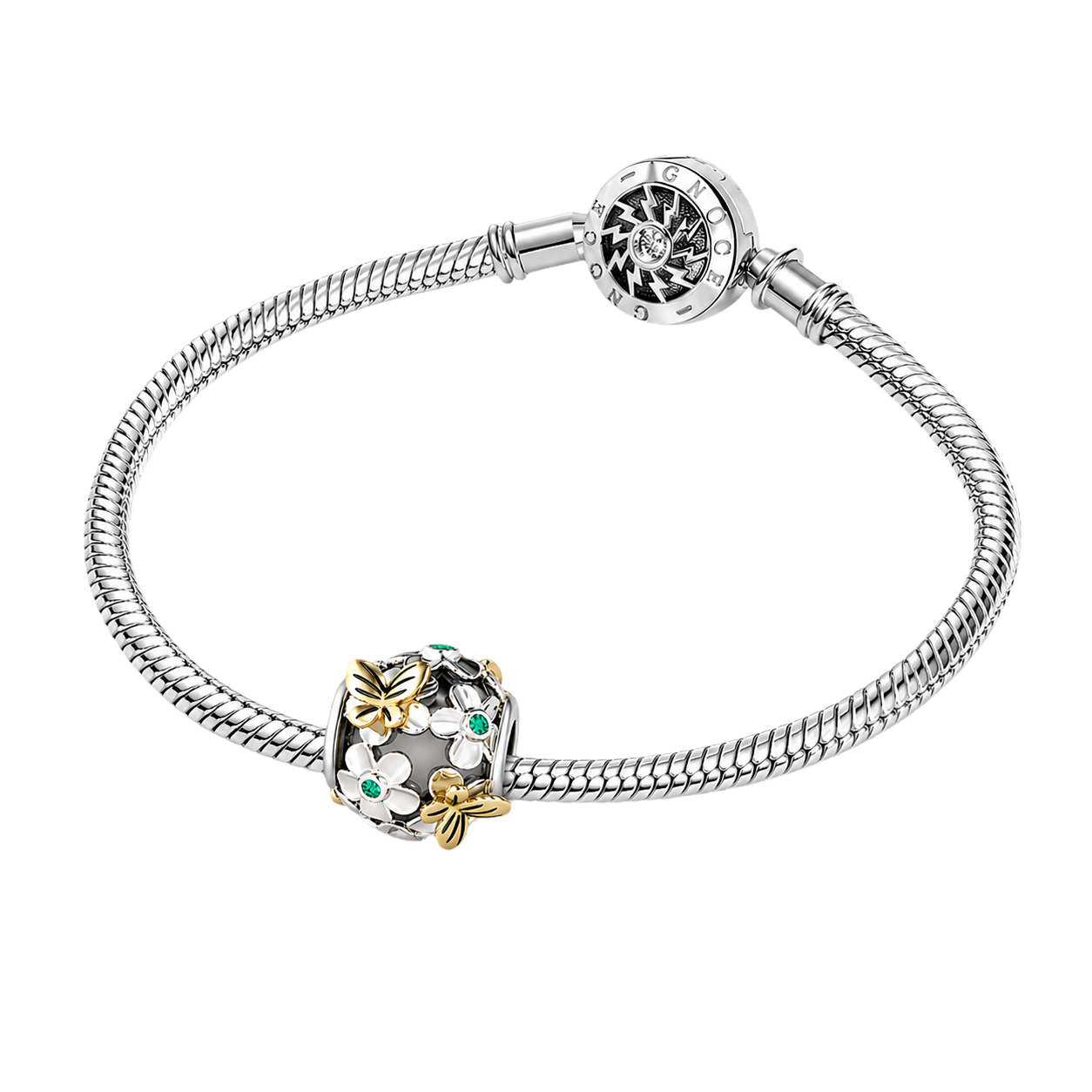 Gnoce  "Butterfly Love Flower" Silver Flower Gold Butterfly Plated Green Sapphire 925 Sterling Silver Nature Theme Bead_4
