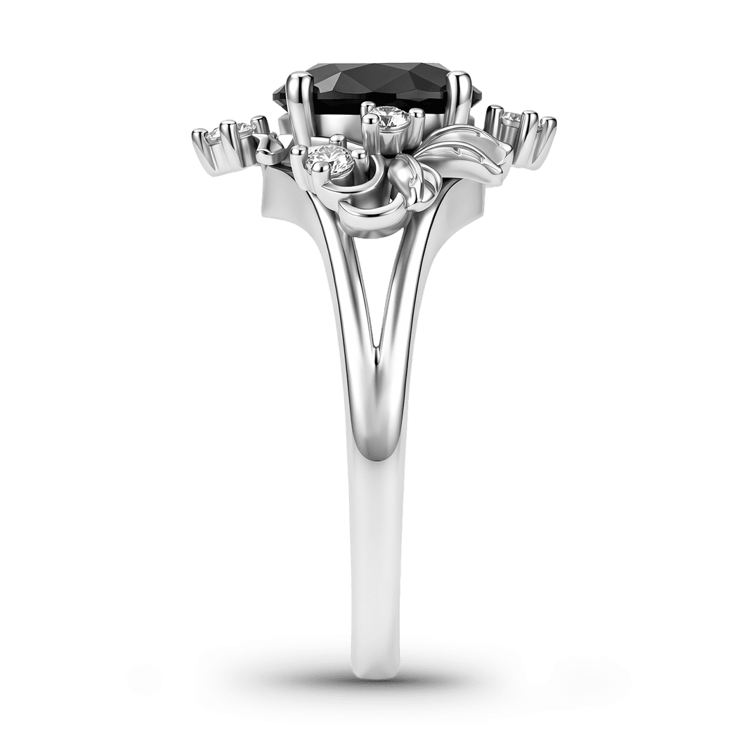 Gnoce Black Pear-Shaped Gemstone Floral Vintage Ring Platinum-plated Silver Blend_5
