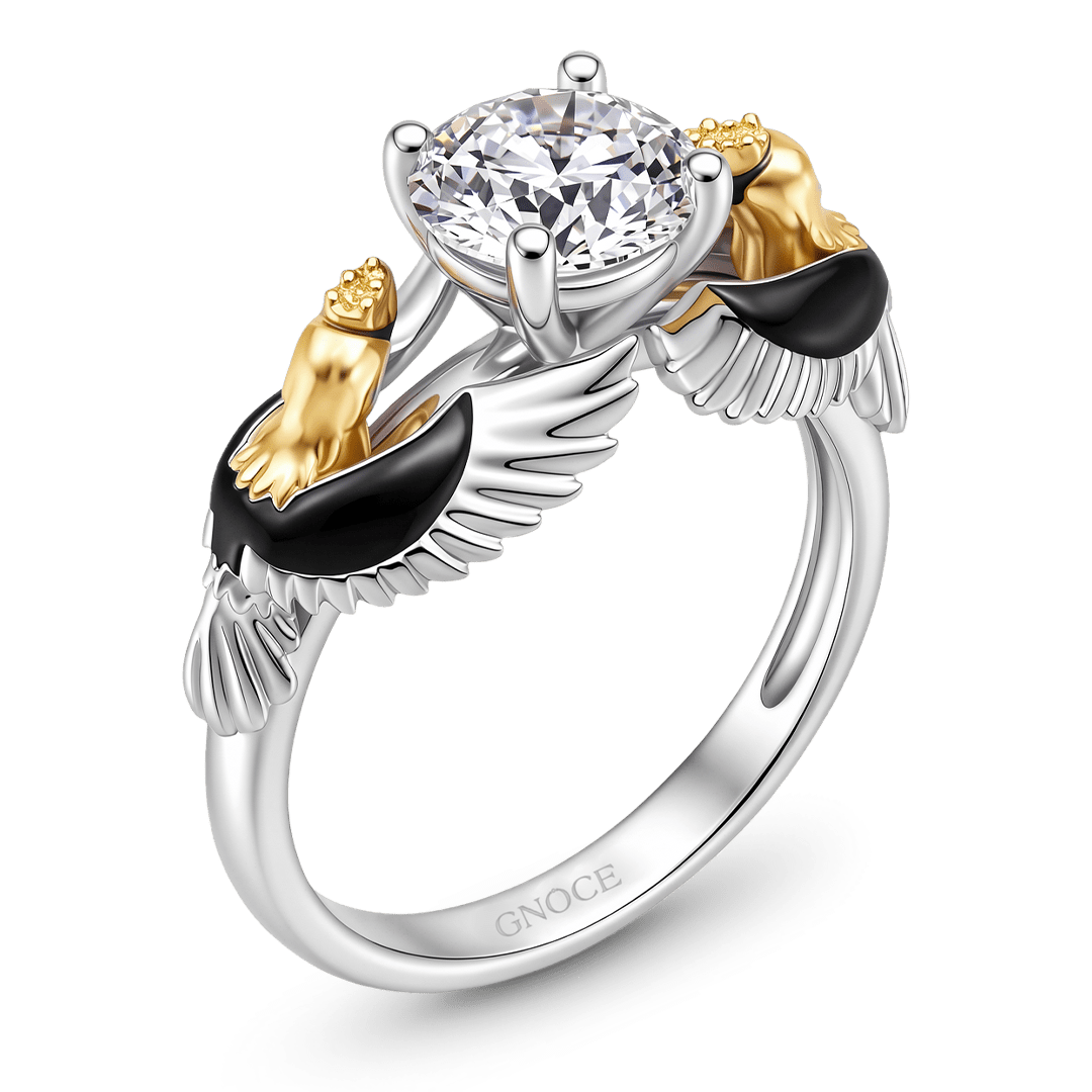 Gnoce Winged Feather Black Enamel Claw Moissanite Ring Platinum-plated Silver Blend_5
