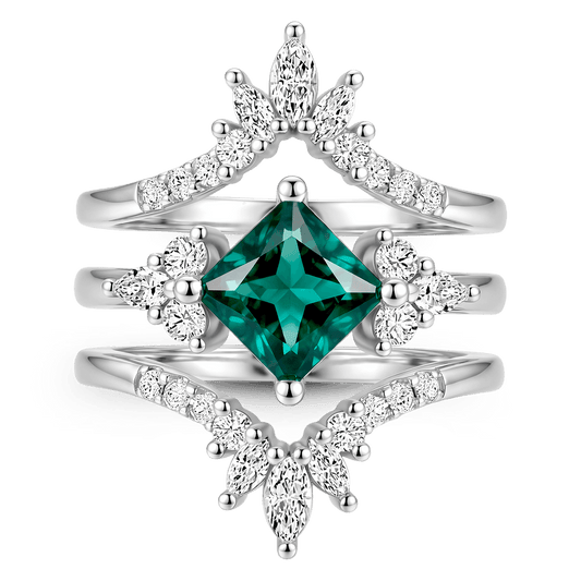 Gnoce Square Green Gemstone Tiara Ring Set Platinum-plated Silver Blend_1