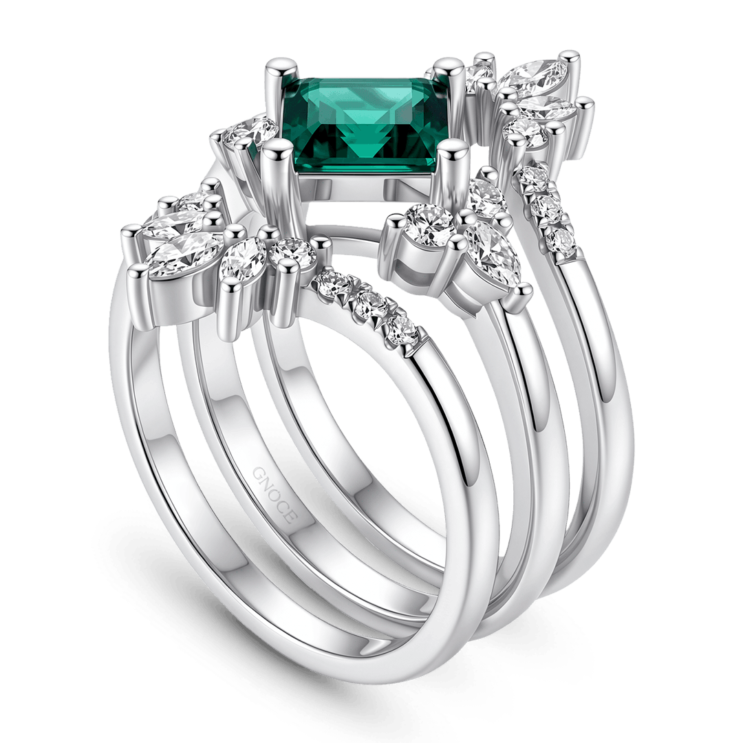 Gnoce Square Green Gemstone Tiara Ring Set Platinum-plated Silver Blend_5