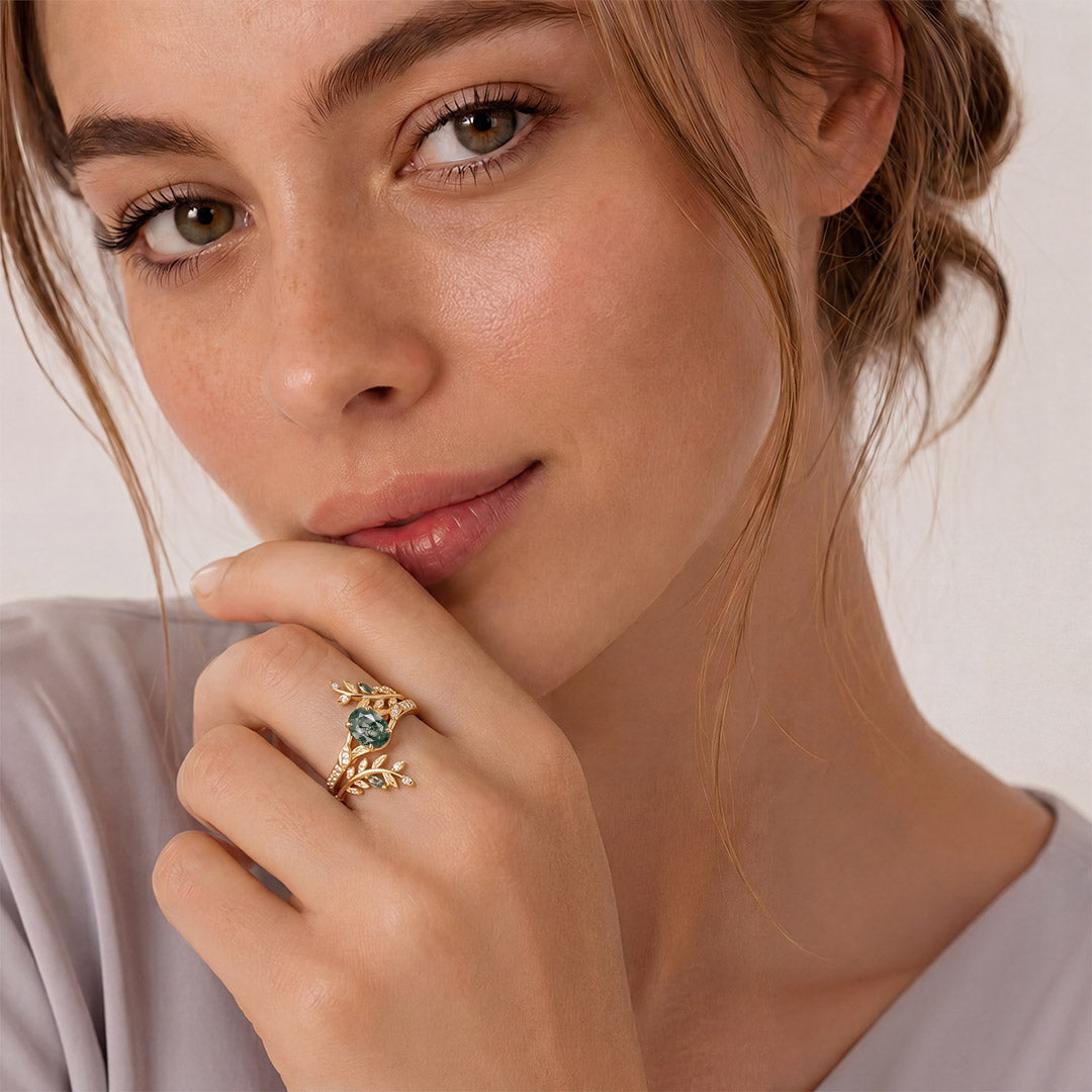 Gnoce Oval Moss Agate Leaf Vine Ring Set_3