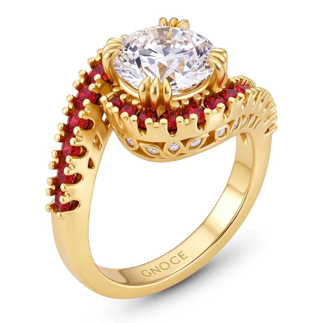 Gnoce Round Cut Moissanite with Ruby Halo Twisted Shank Ring_5