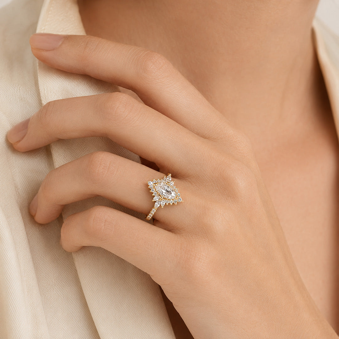 Gnoce Marquise Cut Moissanite Halo Cluster Engagement Ring_2