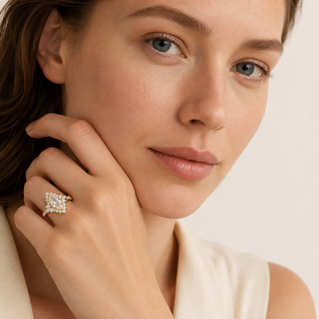 Gnoce Marquise Cut Moissanite Halo Cluster Engagement Ring_3