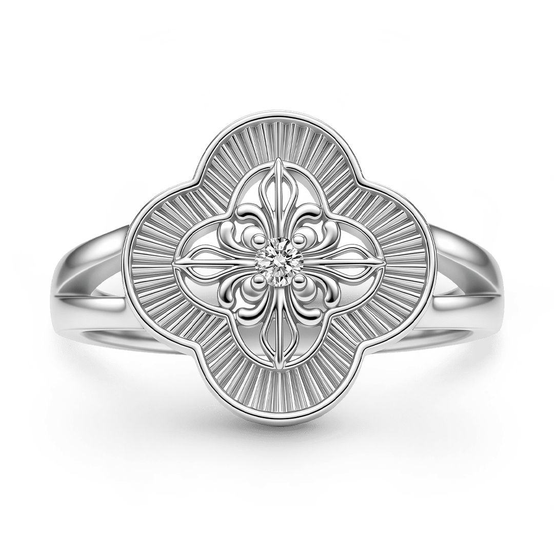Gnoce Four-Leaf Clover Floral Engraved Ring Platinum-plated Silver Blend_5