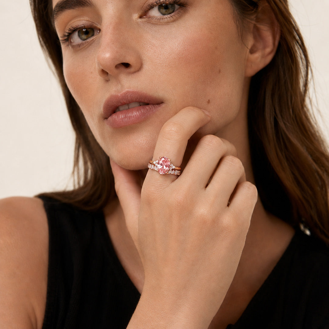 Gnoce Pink Oval Cut Heart Engagement Ring Set_3