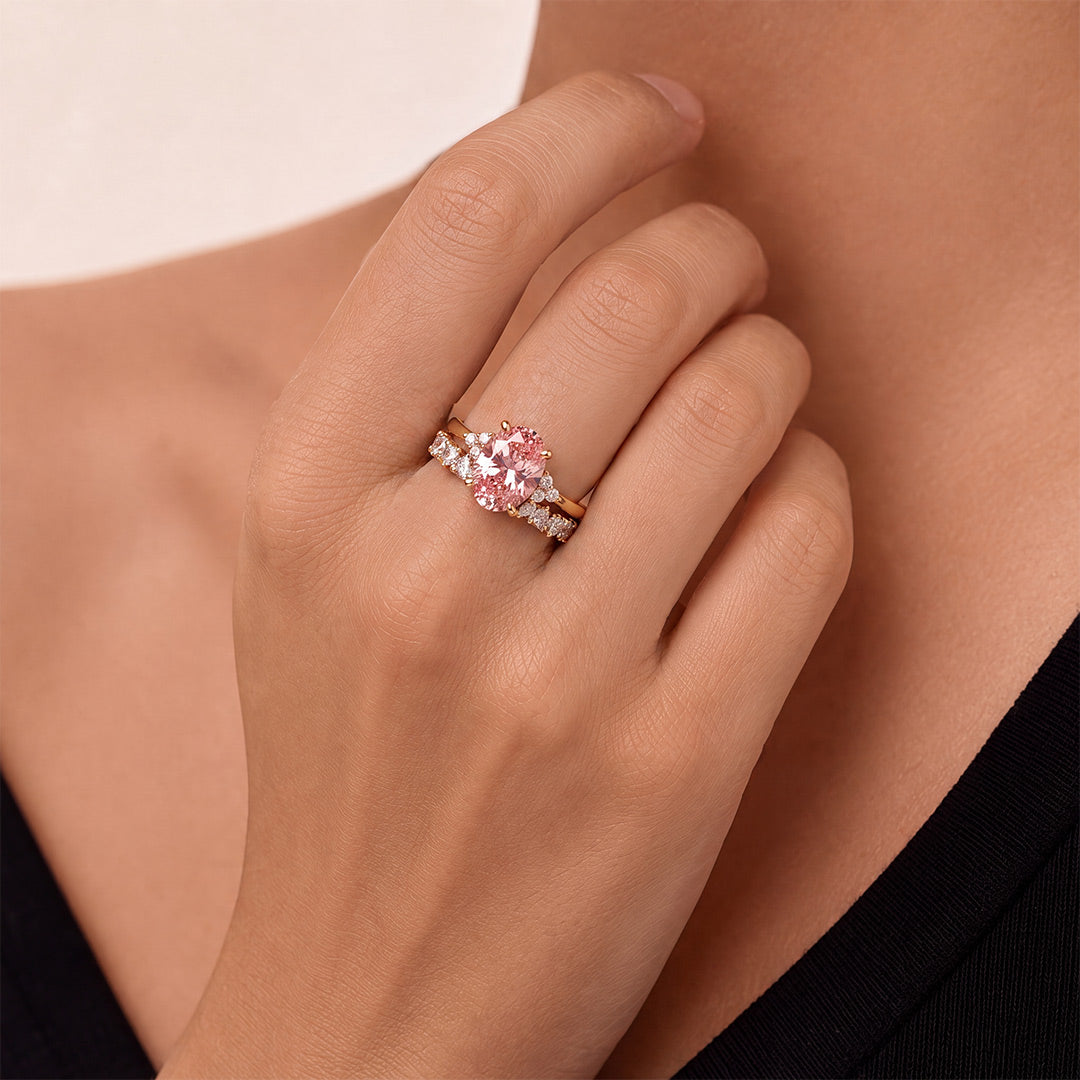 Gnoce Pink Oval Cut Heart Engagement Ring Set_2