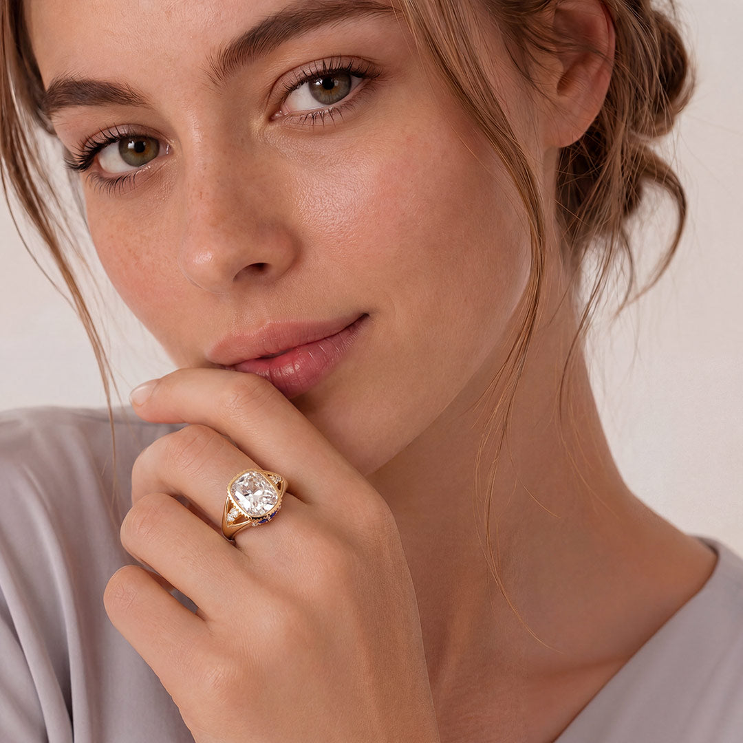 Gnoce Cushion Cut Moissanite Bezel Blue Accent  Ring_3