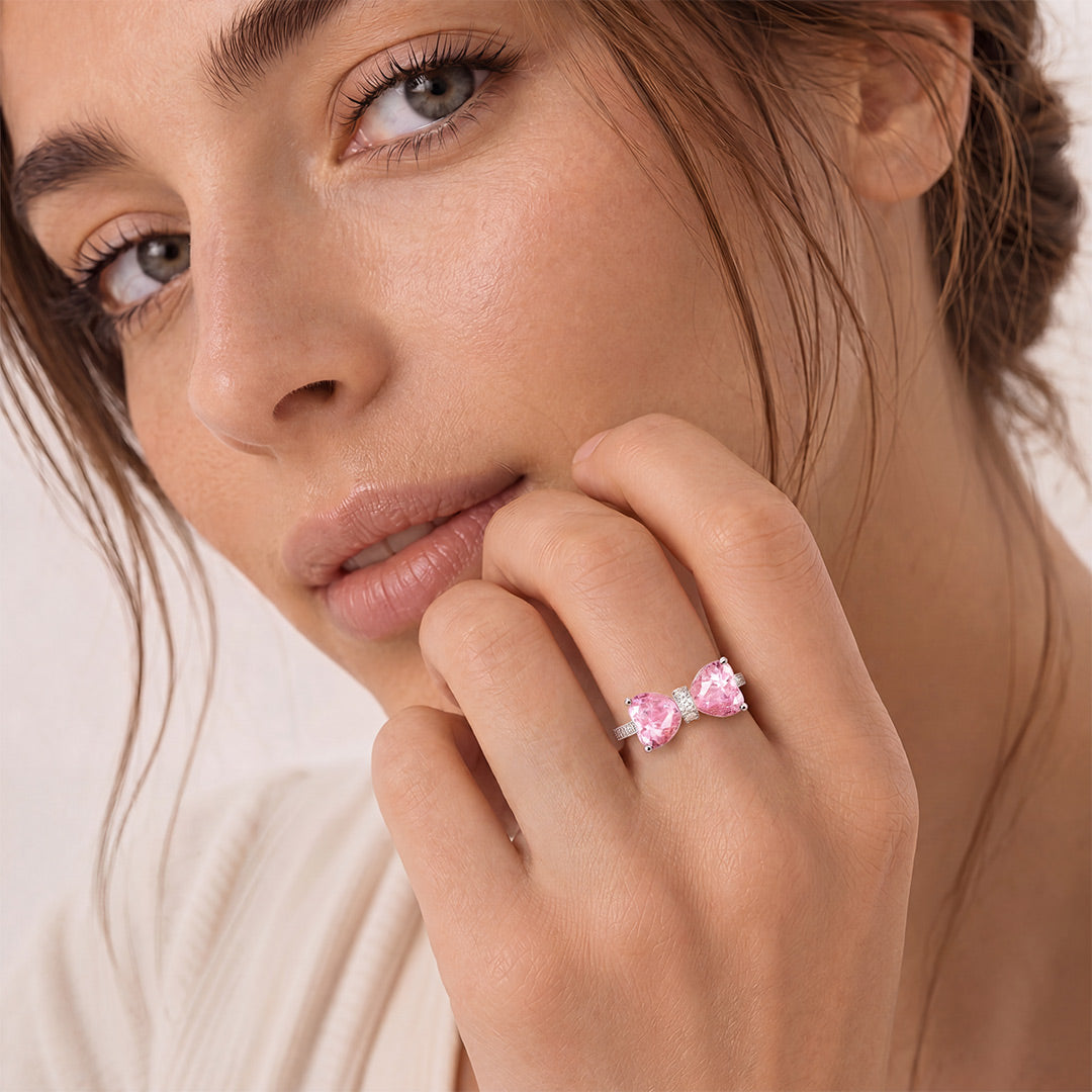 Gnoce Bow Pink Heart Gemstone Ring Platinum-plated Silver Blend_3